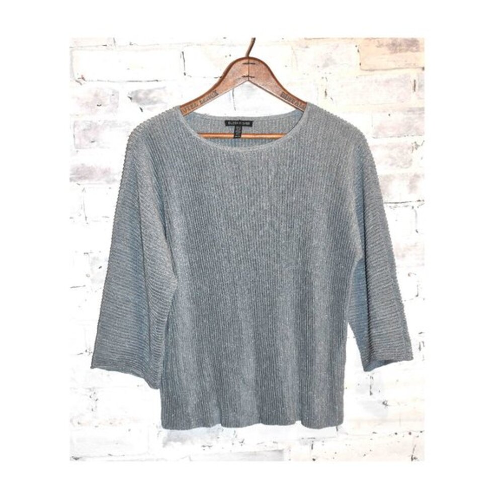EILEEN FISHER Blue Metallic Funky Hemp Blend Holiday Sweater Blouse Size XS!